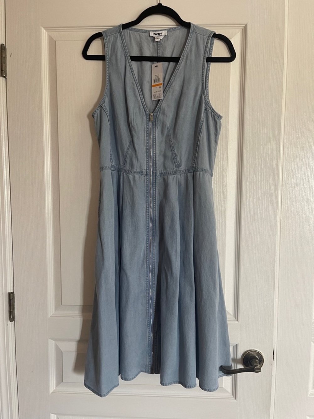 DKNY Light Blue Denim Zip-Front Sleeveless Dress